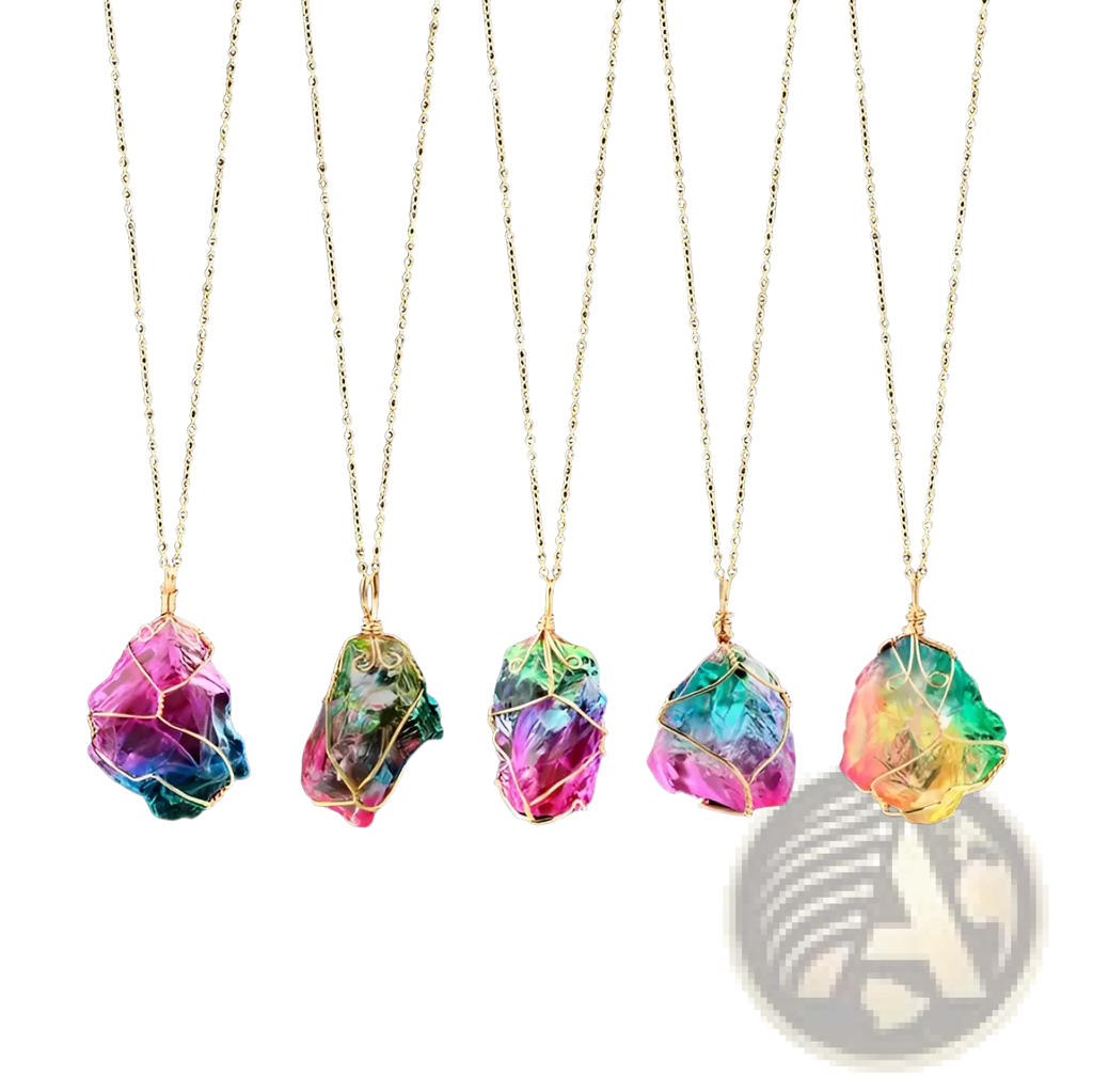 Five colorful wire-wrapped rainbow quartz crystal pendant necklaces with gold-toned chains displayed together