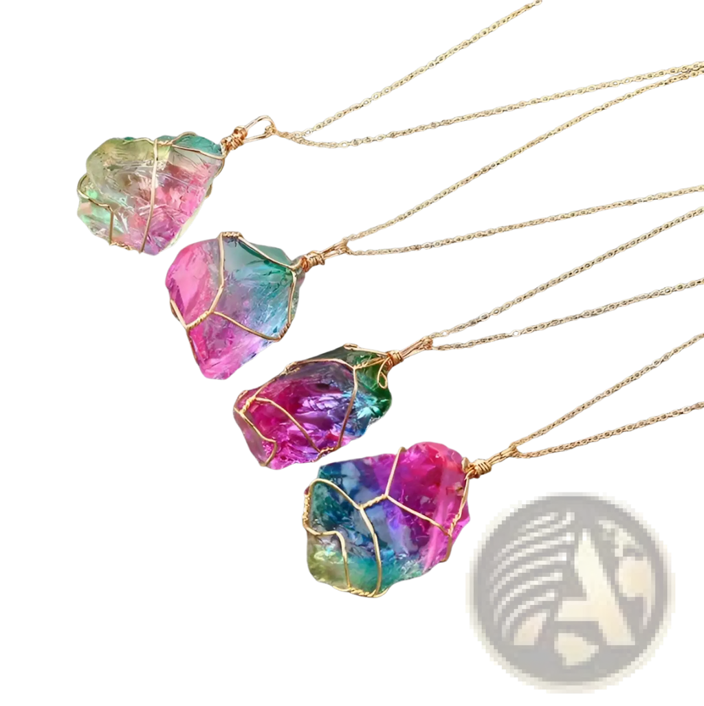 Wire wrapped rainbow quartz crystal pendant necklace with gold wire wrapping on delicate gold chains