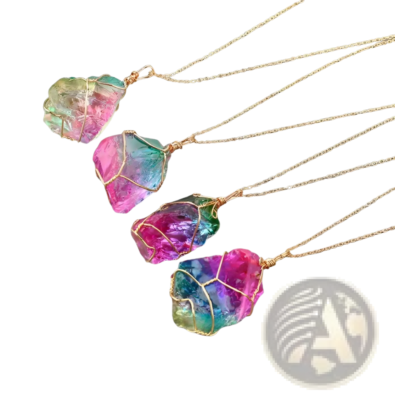 Wire wrapped rainbow quartz crystal pendant necklace with gold wire wrapping on delicate gold chains