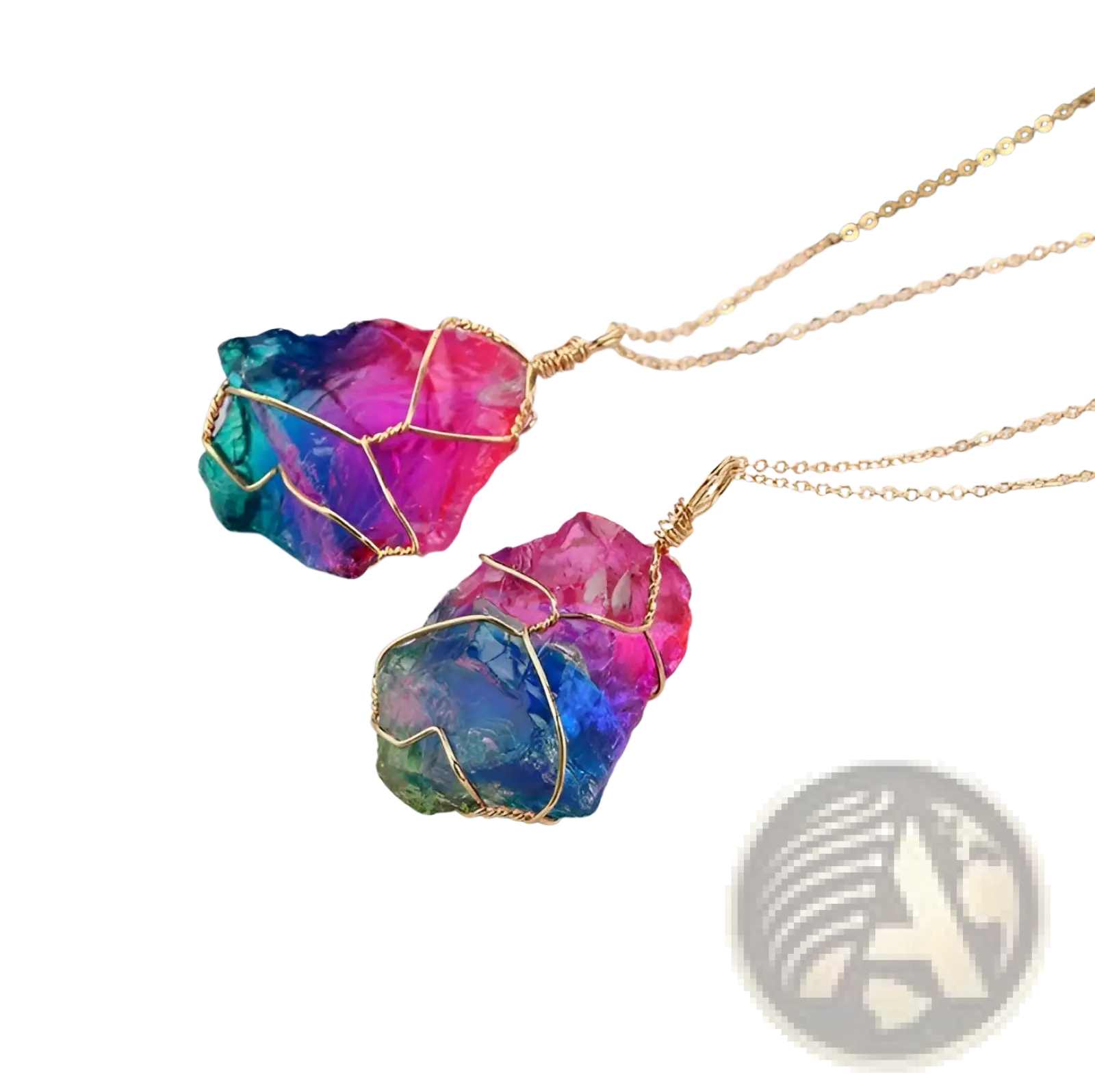 Wire wrapped rainbow quartz crystal pendant necklace with rainbow wire and gold toned chain for stylish wear