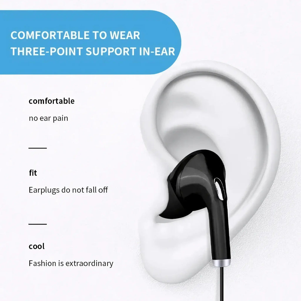 Black wired 3.5mm in-ear headphones with microphone featuring sleek ergonomic design and silver stem accent