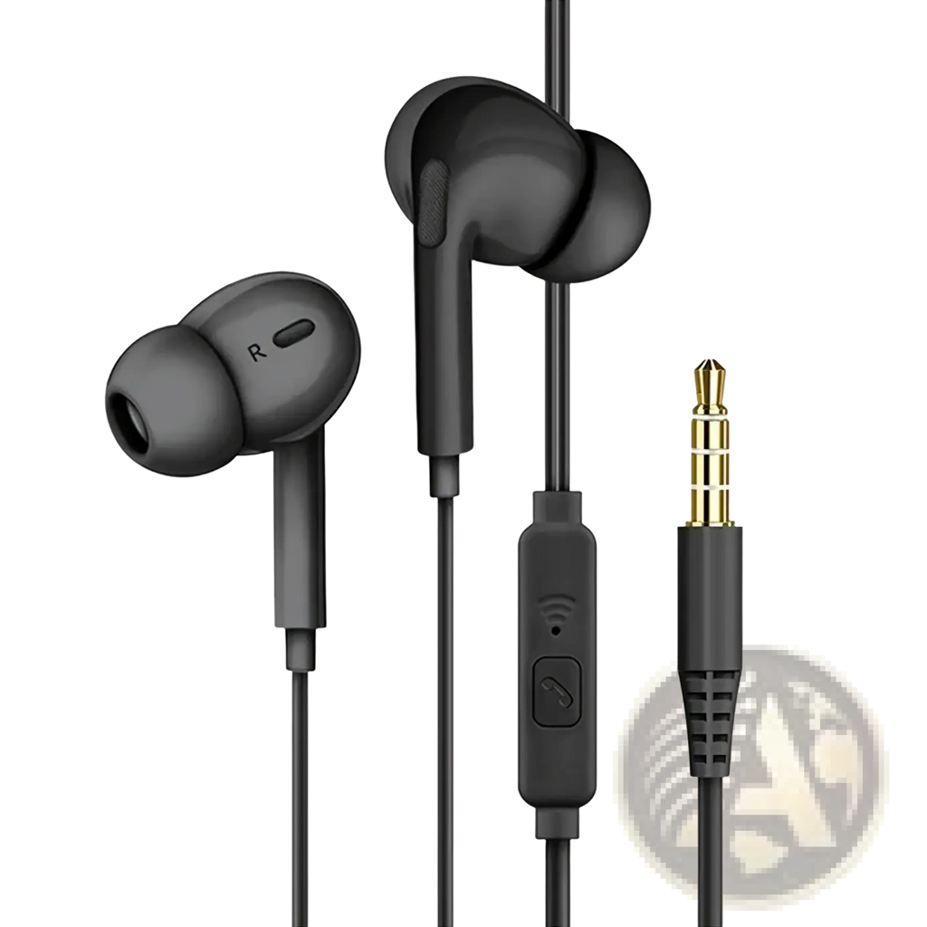 Black wired 3.5mm in-ear headphones with microphone gold-plated jack and inline control for music and calls