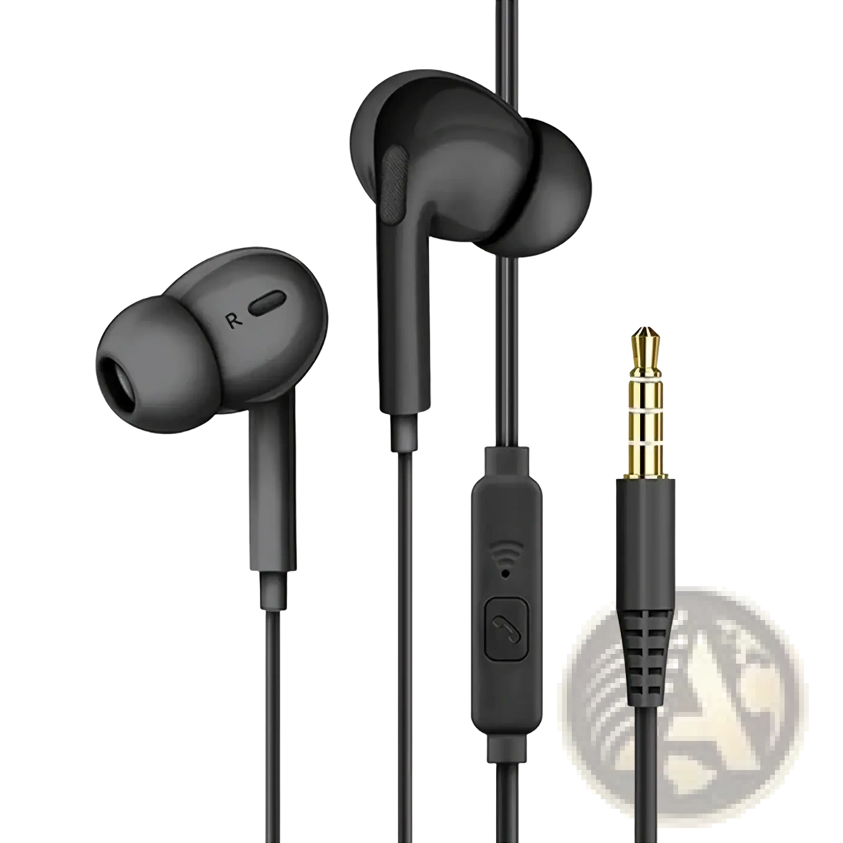 Black wired 3.5mm in-ear headphones with microphone gold-plated jack and inline control for music and calls