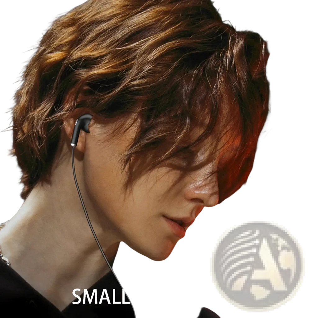 Black wired 3.5mm in-ear headphones with microphone featuring a sleek minimalist half-in-ear design
