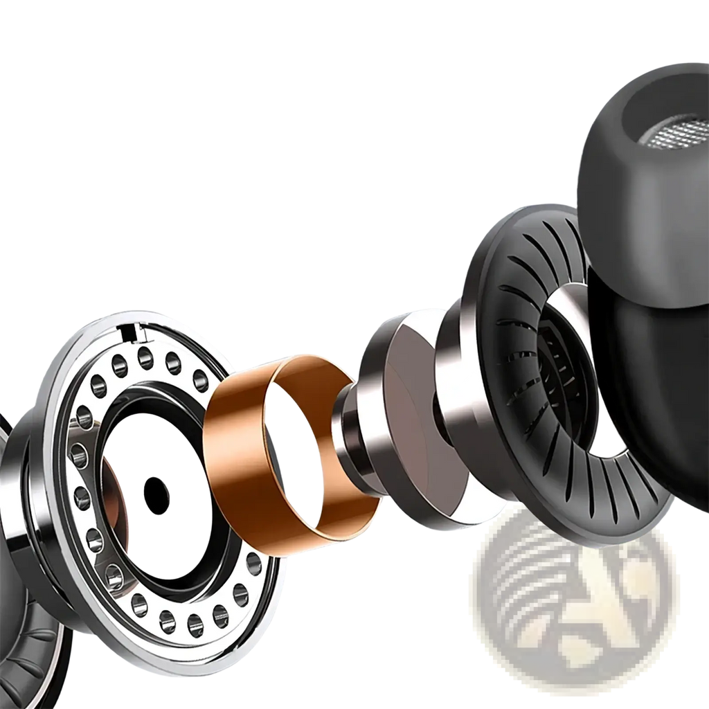 Wired 3.5mm in-ear headphones with microphone in black and silver with copper ring showcasing internal stereo components