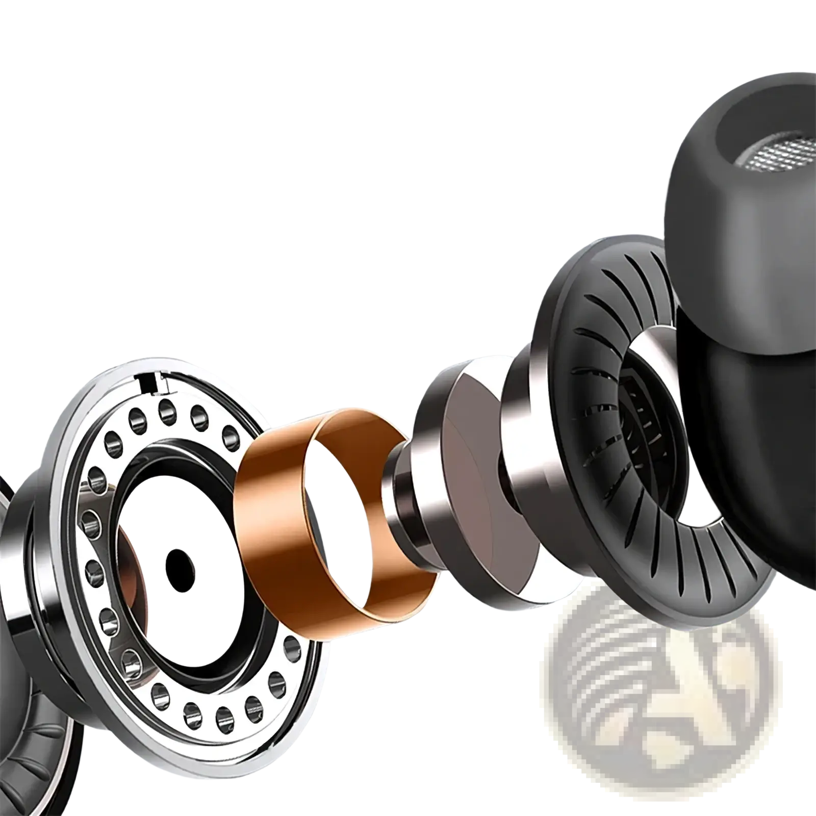 Wired 3.5mm in-ear headphones with microphone in black and silver with copper ring showcasing internal stereo components