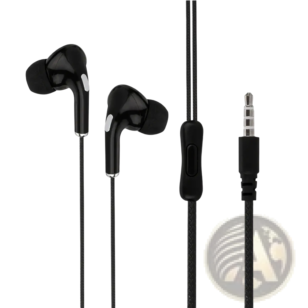 Wired 3.5mm in-ear headphones with microphone featuring black glossy finish and silver accents on earpiece stems