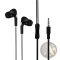 Wired 3.5mm in-ear headphones with microphone featuring black glossy finish and silver accents on earpiece stems