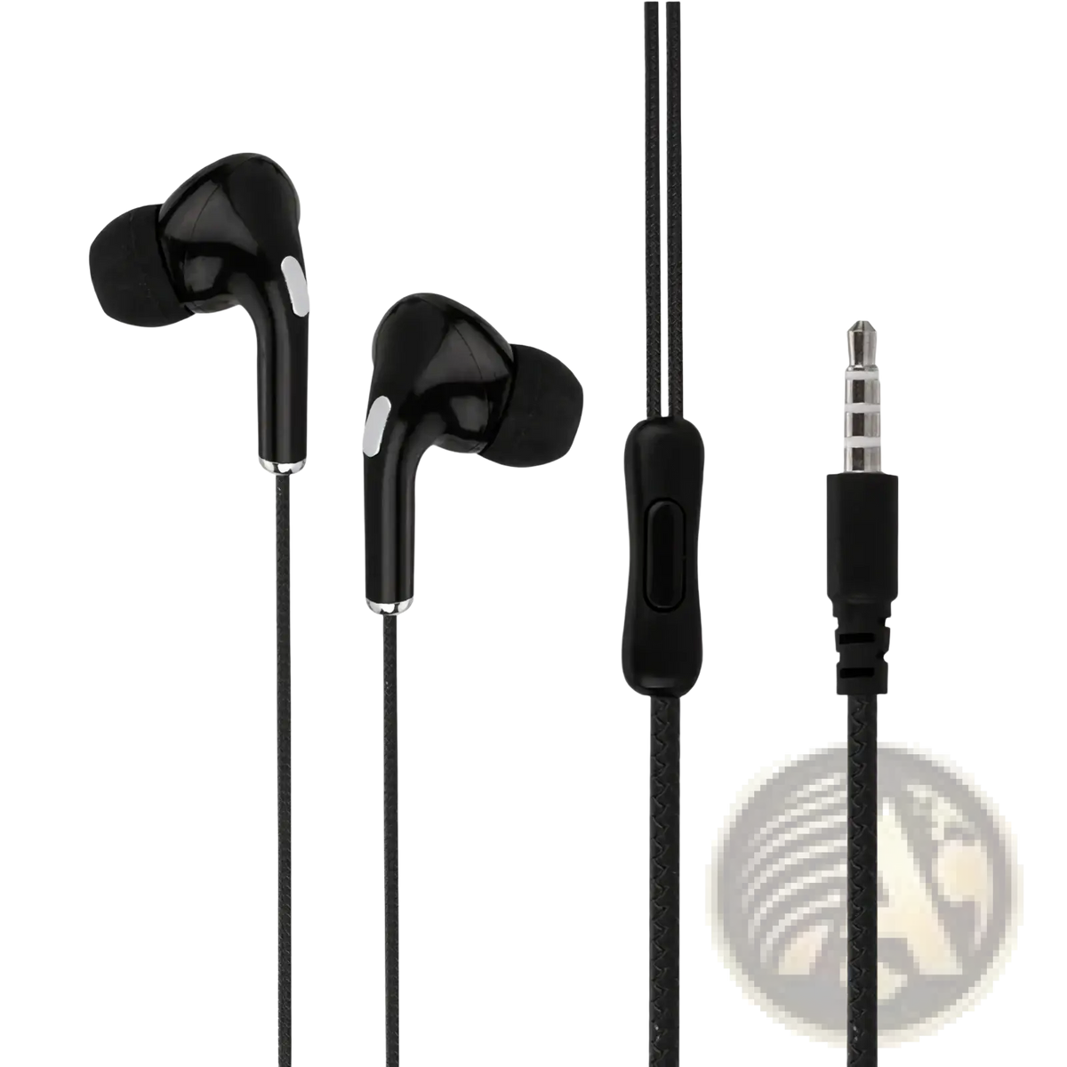 Wired 3.5mm in-ear headphones with microphone featuring black glossy finish and silver accents on earpiece stems