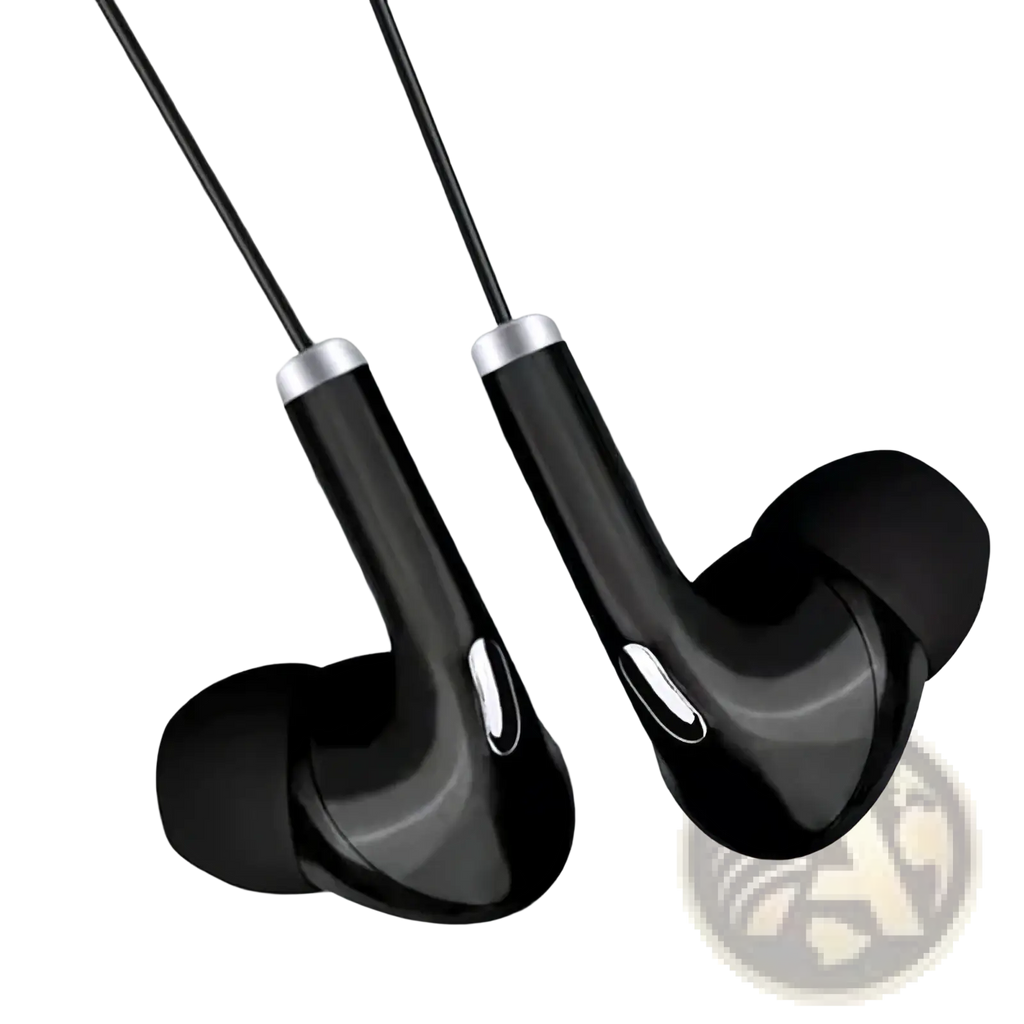 Black wired 3.5mm in-ear headphones with microphone featuring a sleek glossy finish and silver accents on the stems