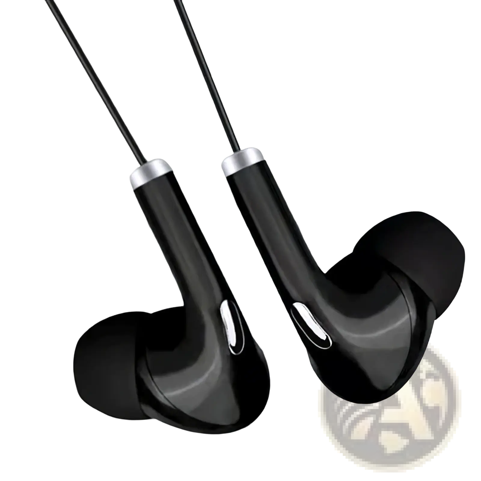 Black wired 3.5mm in-ear headphones with microphone featuring a sleek glossy finish and silver accents on the stems