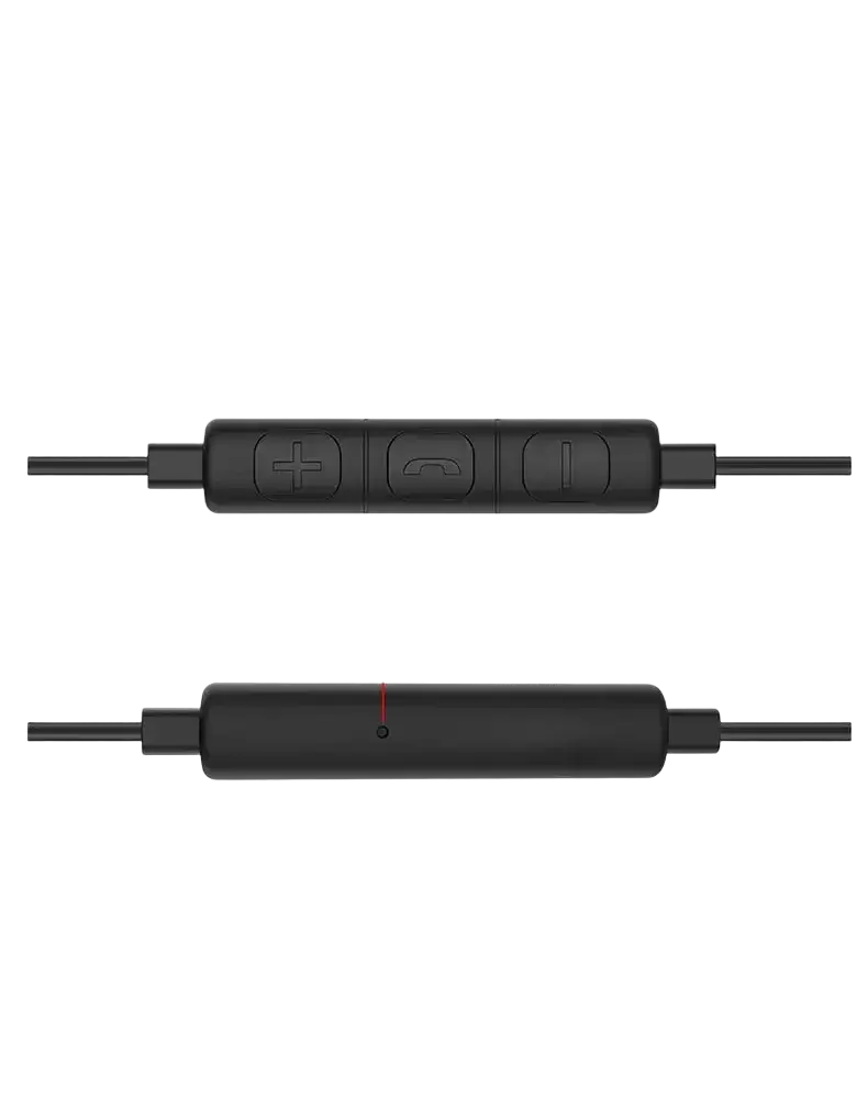 Black wireless earbuds with sleek design and wired control for volume and calls compatible with ios and android earbuds