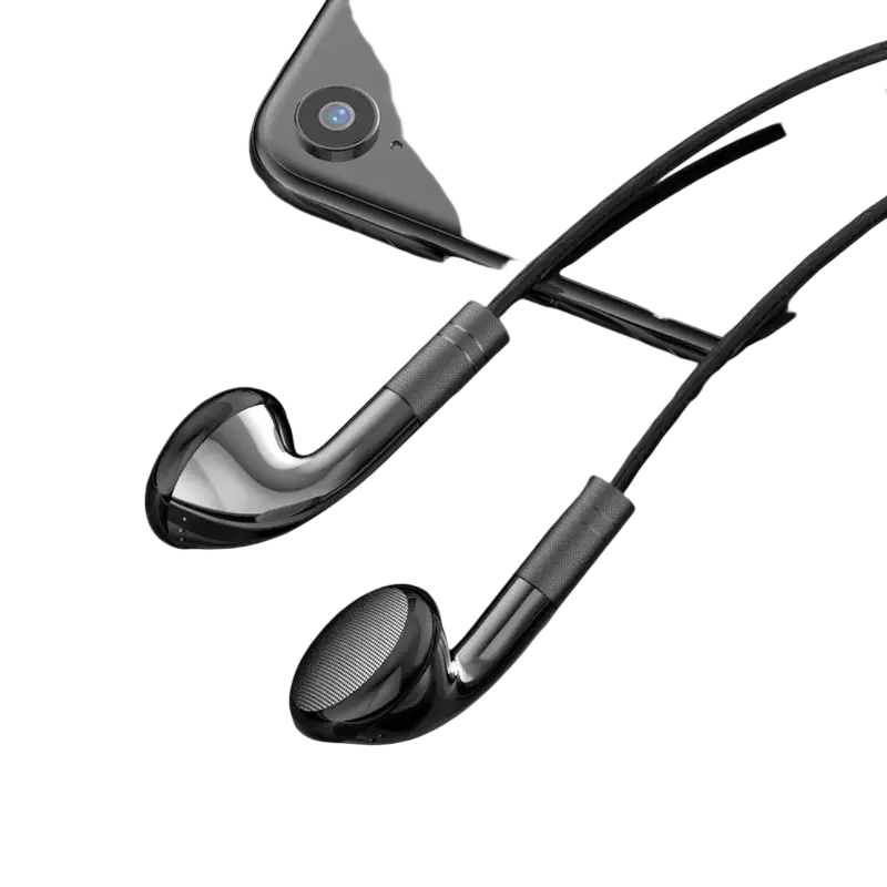 Black wired control earphones with metallic silver accents and a sleek curved design for ios android earbuds hifi use