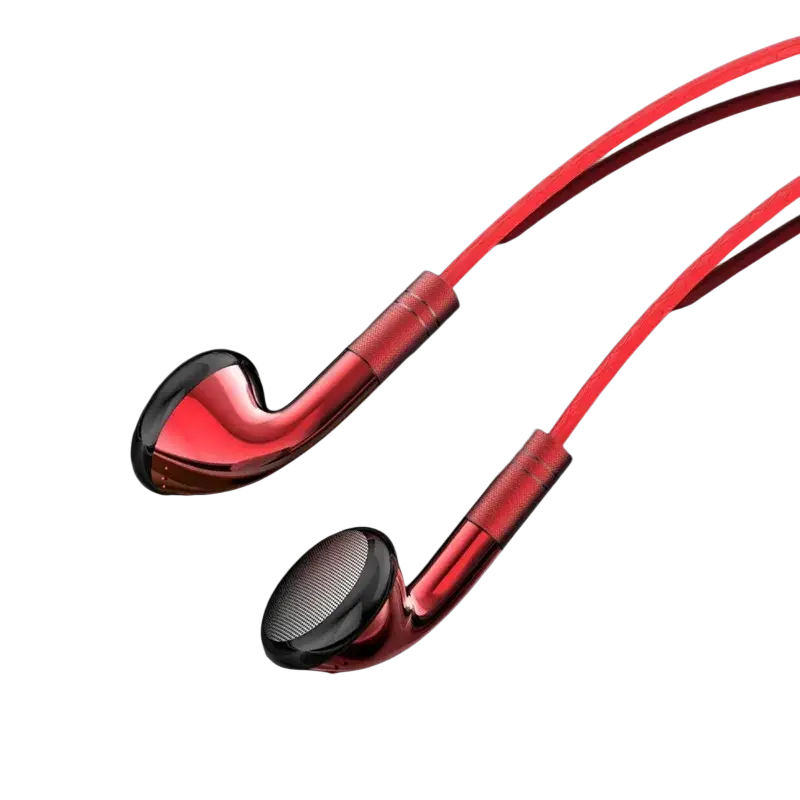 Red wired control earphones with glossy metallic finish and black accents compatible with ios android earbuds hifi use