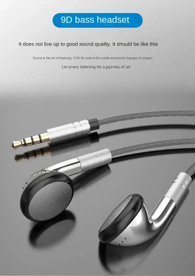 Silver and black 9d bass wired control earphones with metallic finish and mesh ear cups for ios and android earbuds