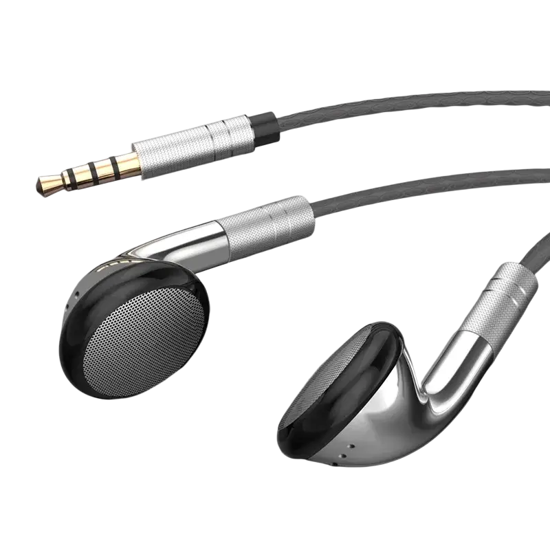 Silver and black wired control earphones with metallic finish and textured cable connectors for ios android earbuds hifi