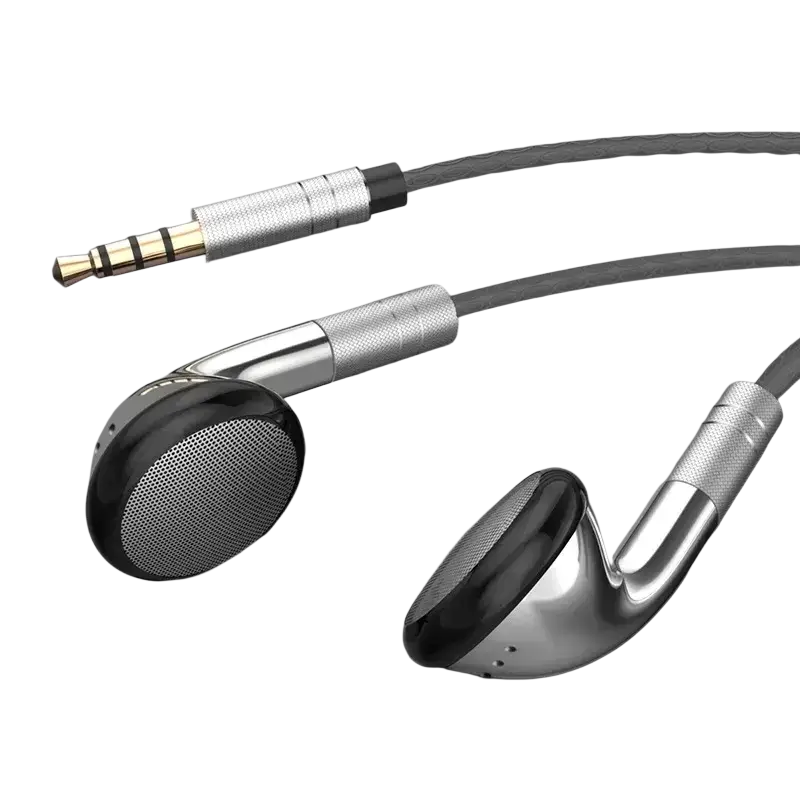 Silver wired control earphones with sleek metallic finish and black mesh grilles for ios and android earbuds use