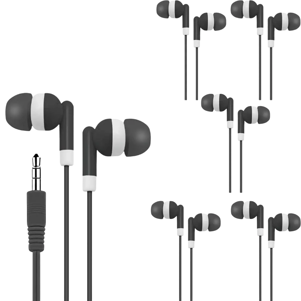 Wired in-ear 3.5mm stereo headphones five-pack set in black and white with a wired design for audio devices