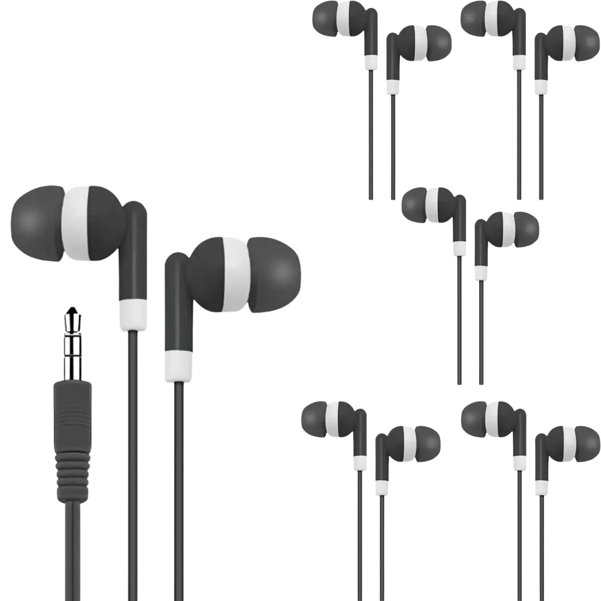 Wired in-ear 3.5mm stereo headphones five-pack set in black and white with a wired design for audio devices