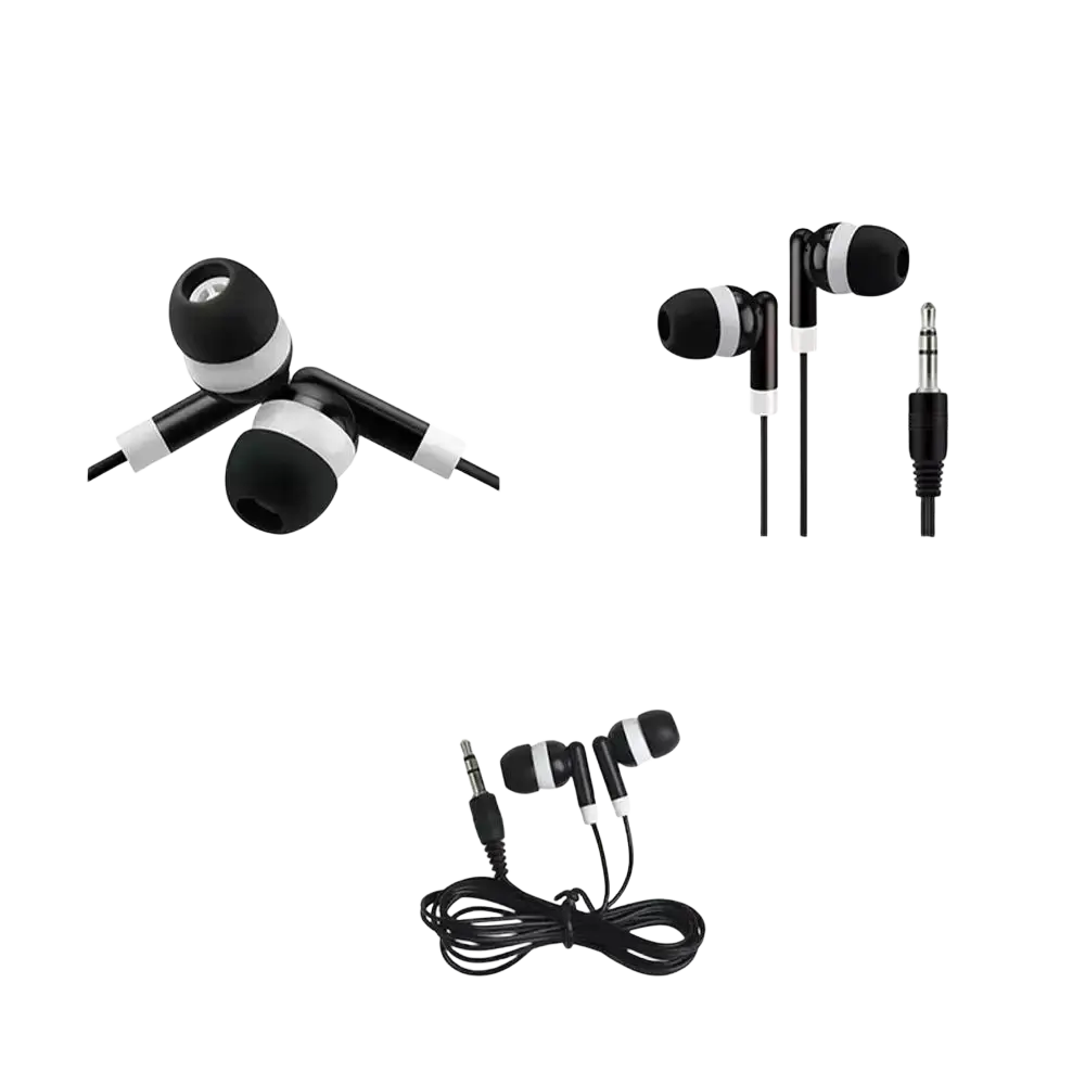 Black and white wired in-ear 3.5mm stereo headphones with sleek minimalist design in a 5-pack set