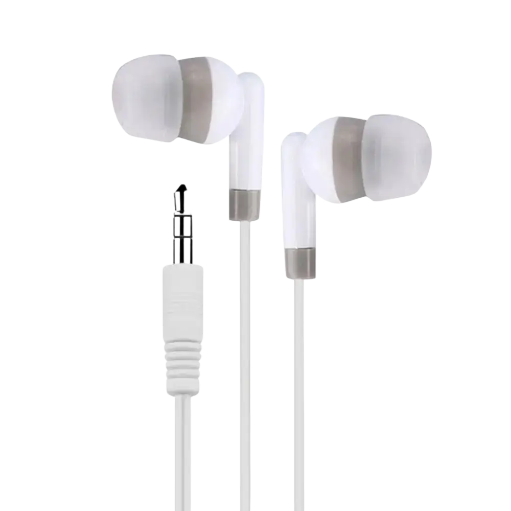 Wired in-ear 3.5mm stereo headphones 5-pack in white with translucent silicone tips and silver metallic accents