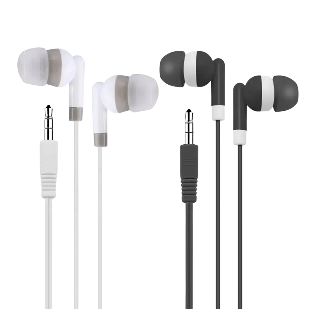 White and black wired in-ear 3.5mm stereo headphones with soft silicone tips and sleek comfortable design 5-pack