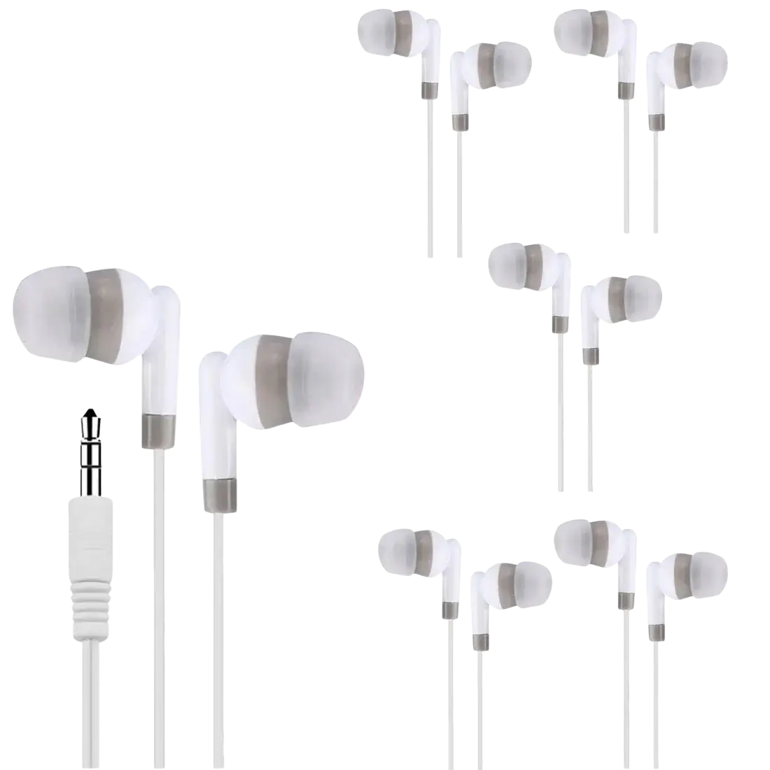 White and gray wired in-ear 3.5mm stereo headphones 5-pack with soft silicone tips for comfortable listening