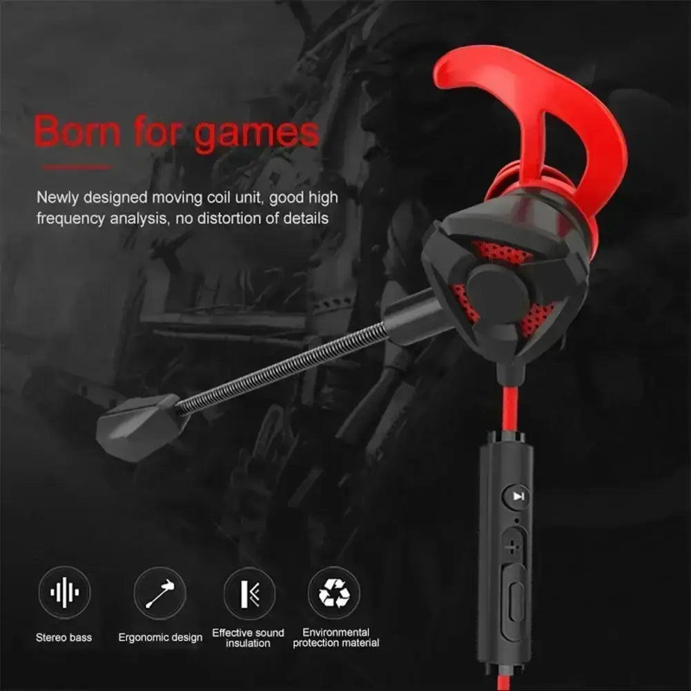 Wired in-ear gaming headset with mic in red featuring a sleek ergonomic design and an attached microphone