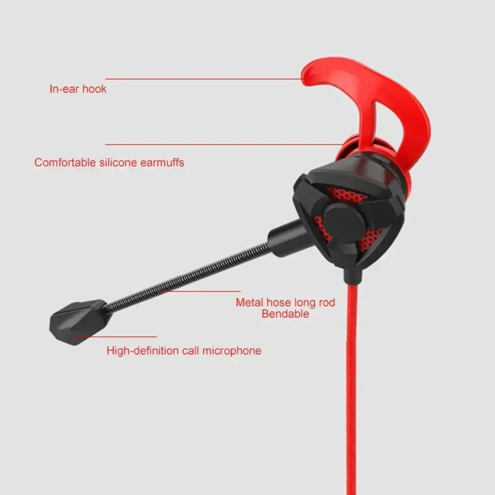 Red and black wired in-ear gaming headset with flexible microphone arm designed for immersive audio experience