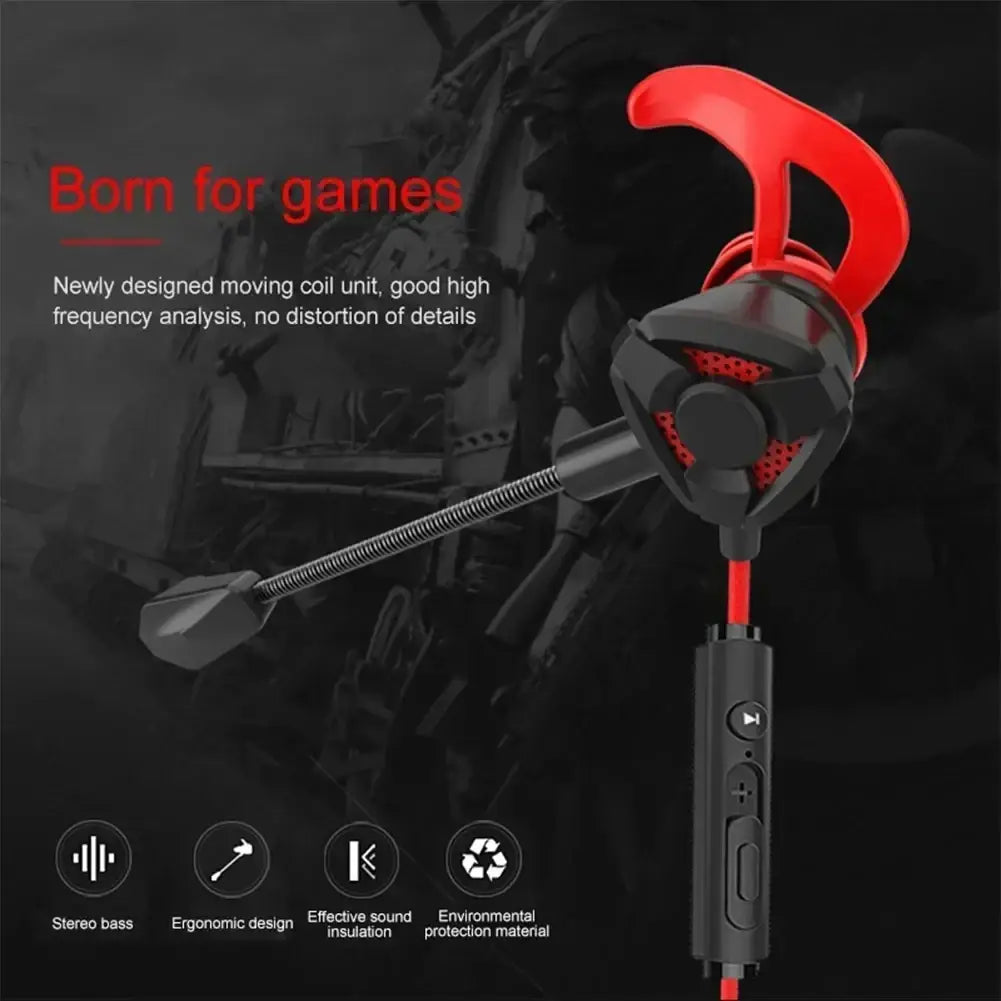 Wired red and black in-ear gaming headset with flexible microphone boom designed for immersive audio experience