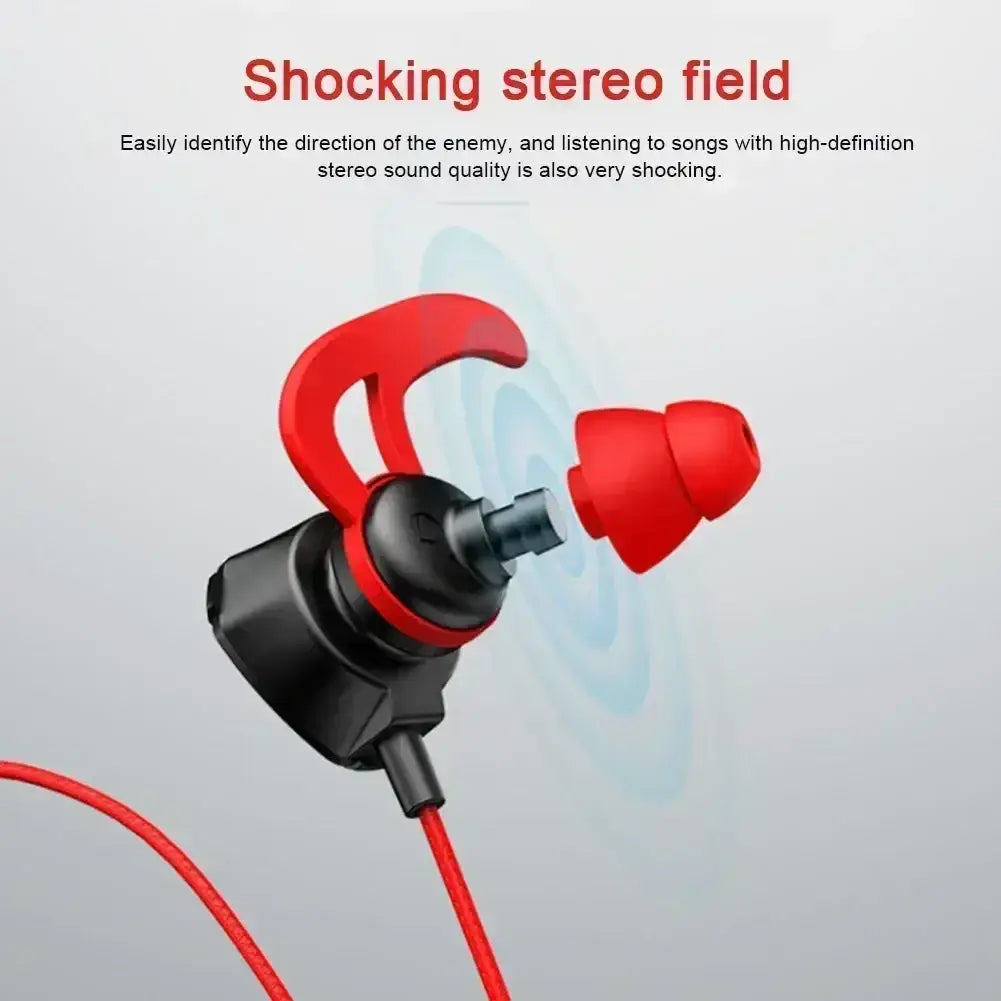 Red and black wired in-ear gaming headset with mic featuring flexible hook design for secure gaming use
