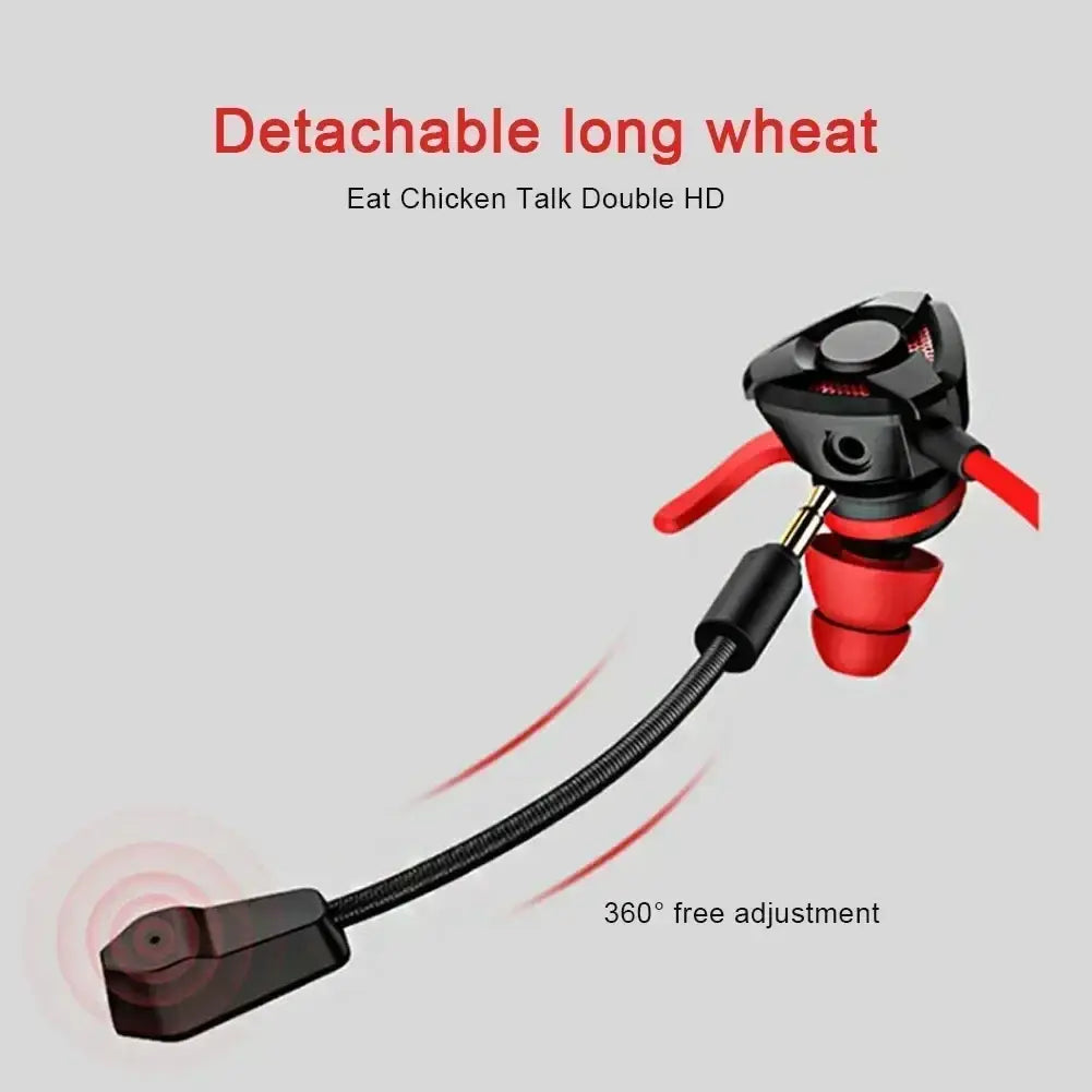 Wired in-ear gaming headset in red and black with detachable flexible boom mic for clear communication during gameplay