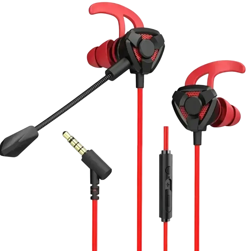 Wired in-ear gaming headset red with black ergonomic hooks and flexible microphone boom for secure fit gaming use