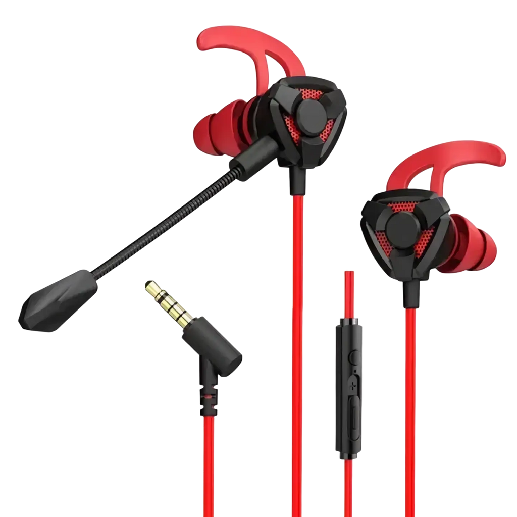 Wired in-ear gaming headset with mic red and black featuring ergonomic hooks for a secure comfortable fit