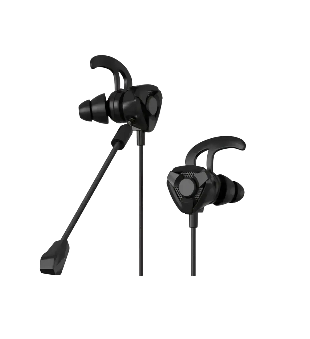 Black and red wired in-ear gaming headset with sleek angular design and attached microphone boom for clear communication