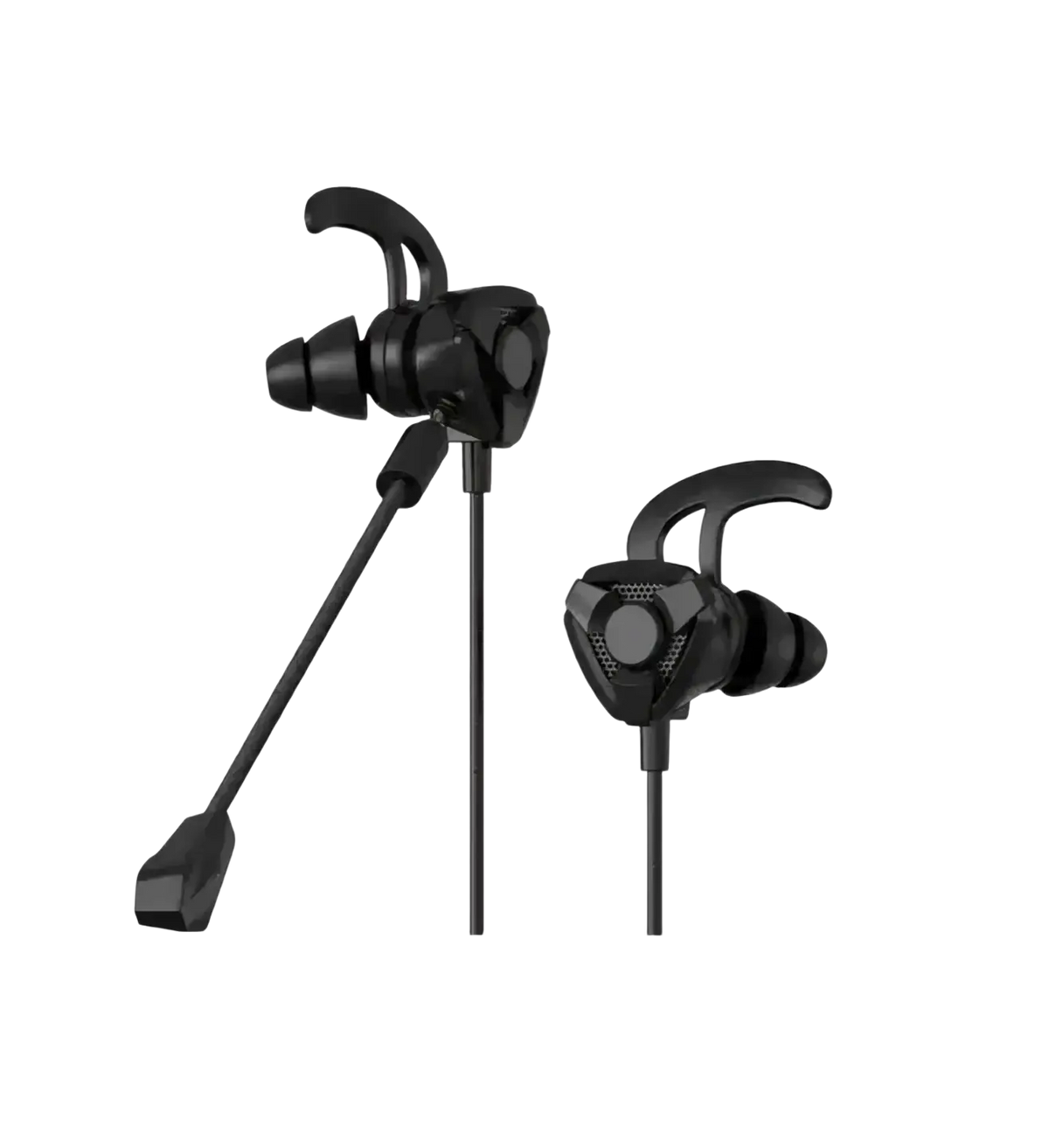 Black and red wired in-ear gaming headset with sleek angular design and attached microphone boom for clear communication