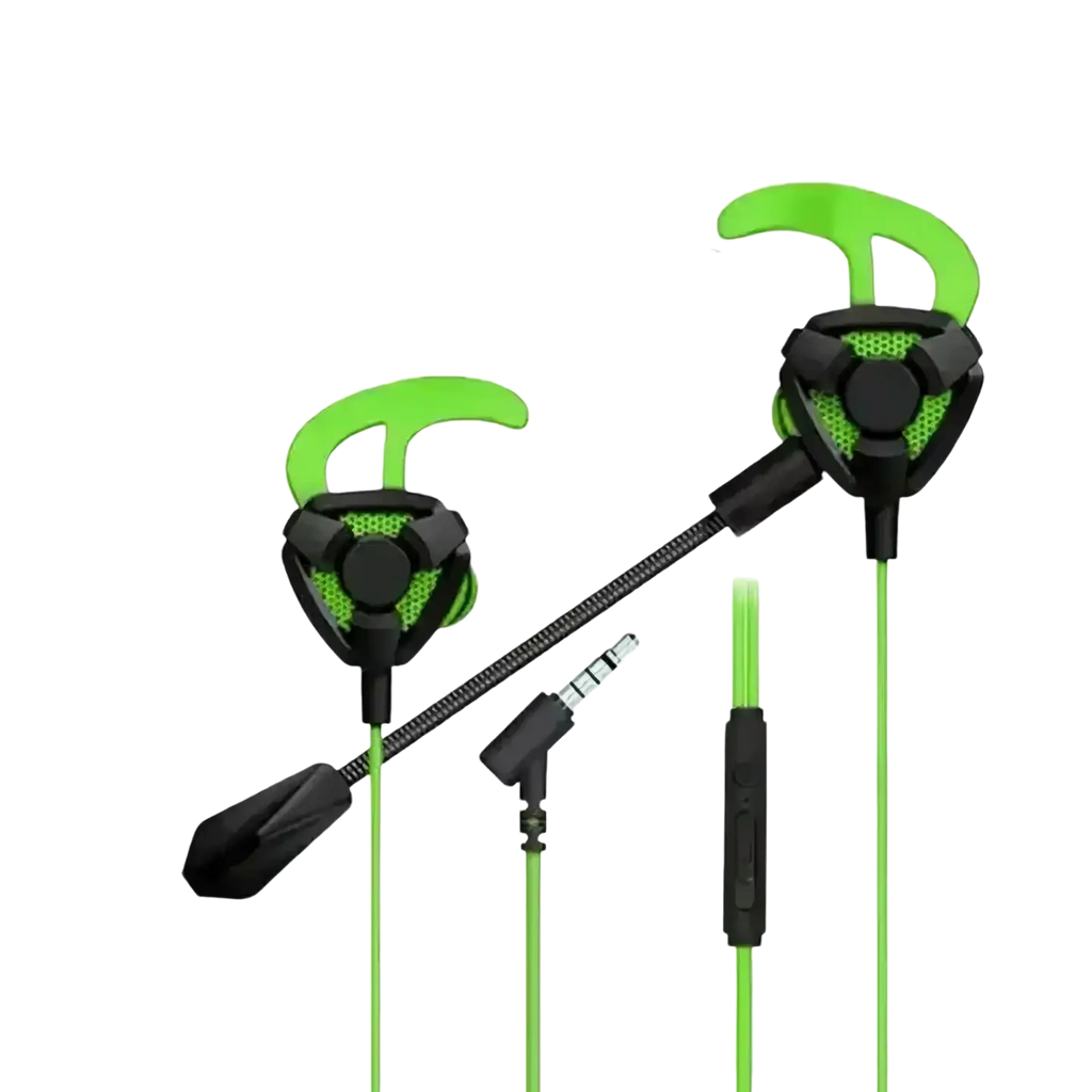 Green and black wired in-ear gaming headset with mic and curved hook design for secure fit in-ear gaming use