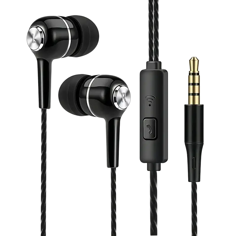 Wired in ear gaming headset with microphone in black featuring silver accents braided cable and inline control module