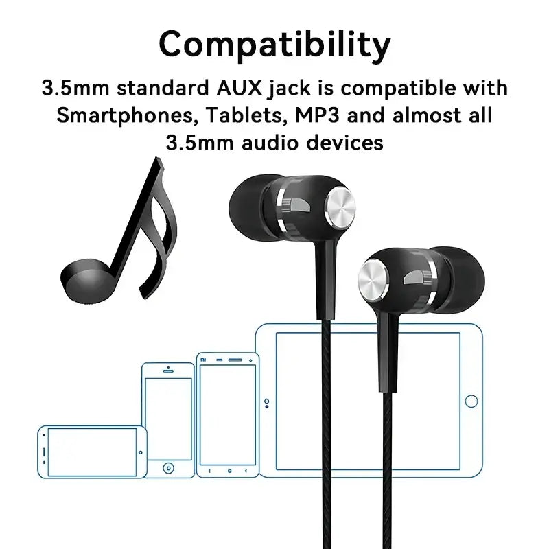 Black wired in ear gaming headset with microphone featuring silver metallic accents on the earpiece stems