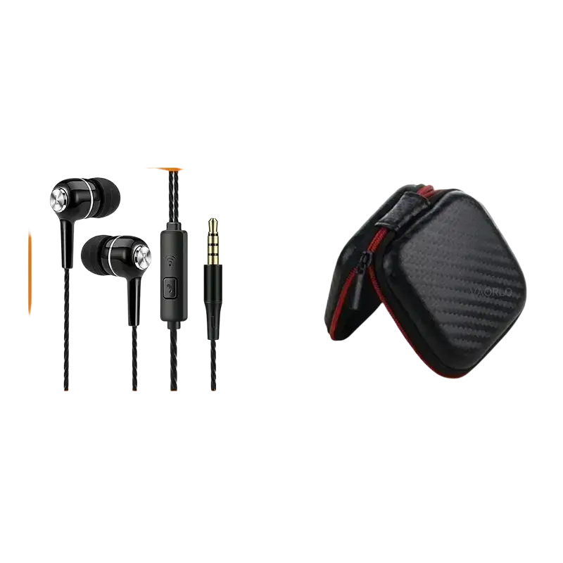 Black vaorlo wired in-ear headphones with silver accents and braided cables with matching carbon fiber case for gaming