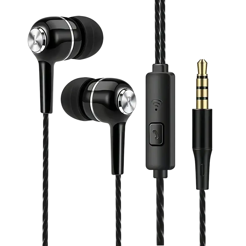 Wired in ear gaming headset with microphone in black featuring silver accents, braided cable, and inline control module