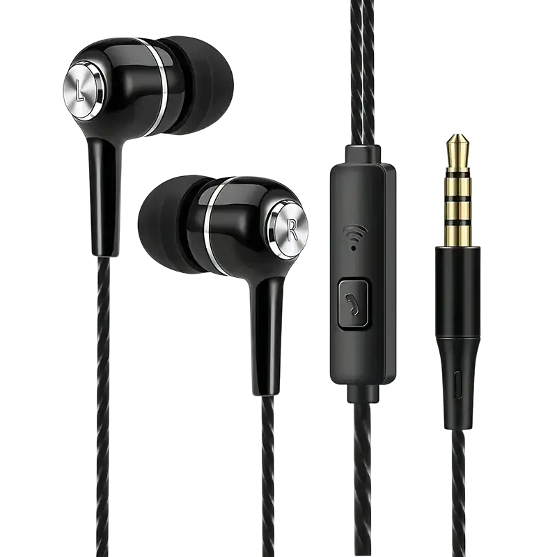 Black vaorlo wired in-ear headphones with silver accent rings, braided cable, and inline control for gaming headset use