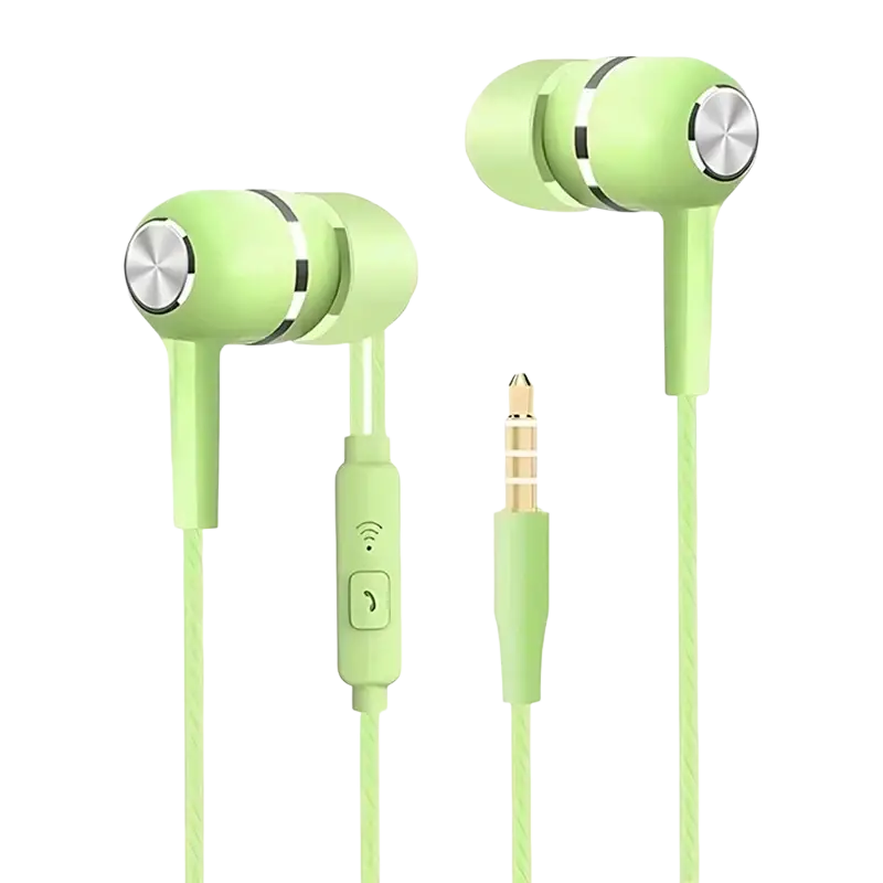 Light green wired in ear gaming headset with microphone featuring silver metallic control buttons and gold-plated 3.5mm jack