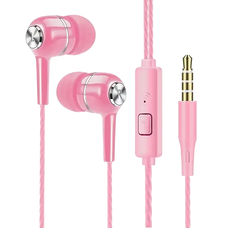 Pink vaorlo wired in-ear headphones with silver accents and inline control for ear gaming headset with microphone