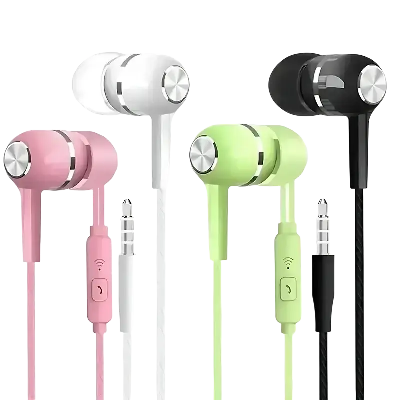 Pink white and black vaorlo wired in-ear headphones with silver metallic control buttons for ear gaming headset use
