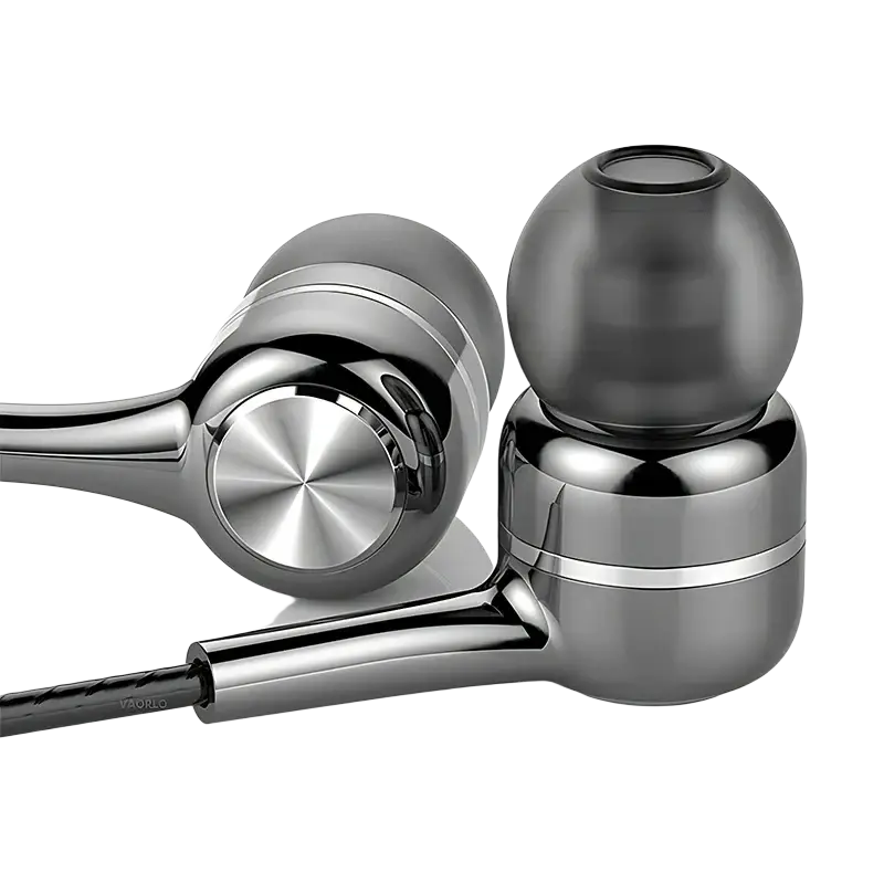 Silver and black wired in ear gaming headset with microphone featuring sleek metallic finish and vaorlo design
