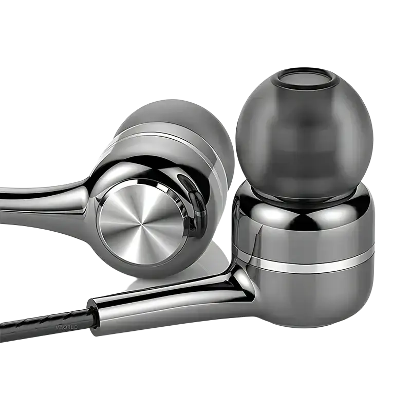 Silver wired in-ear headphones with metallic finish and matte black silicone tips for ear gaming headset use