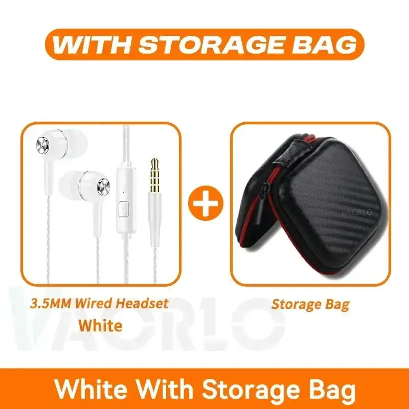 White vaorlo wired in-ear headphones with silver inline control and black carbon fiber bag for ear gaming headset use