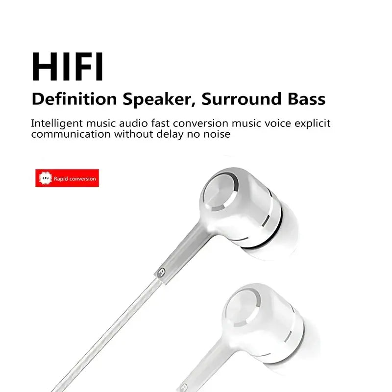 Wired in ear gaming headset with microphone featuring white in-ear headphones with sleek metallic finished earpieces and thin cable