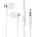 Wired in ear gaming headset with microphone featuring white headphones with silver accents and gold tipped 3.5mm jack